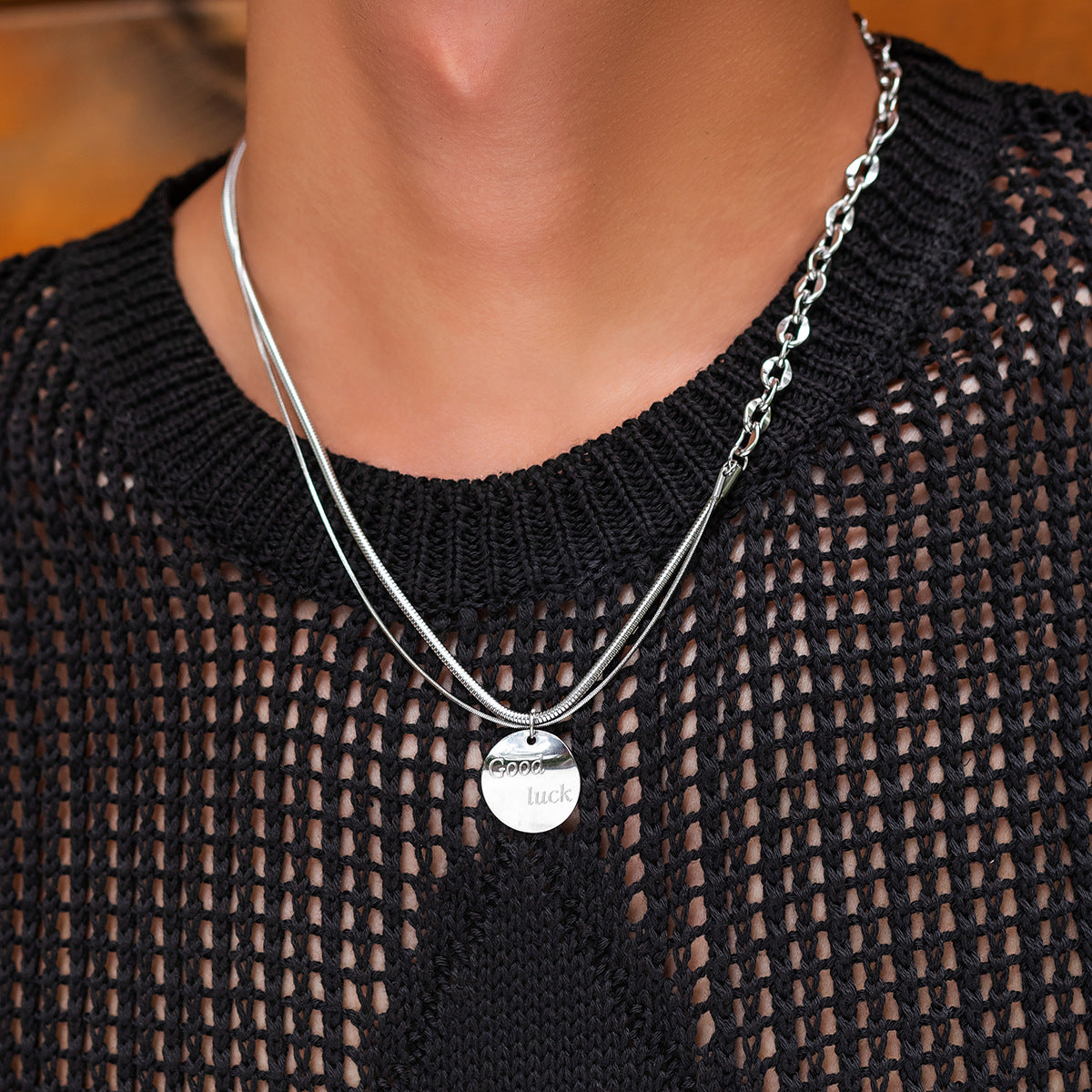 Trendy simple double-layer stacked wear with round design versatile pendant necklace - Syble's