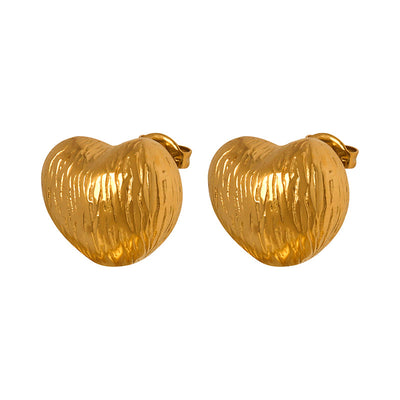 18K gold retro fashion heart-shaped earrings with embossed design and light luxury style - Syble's