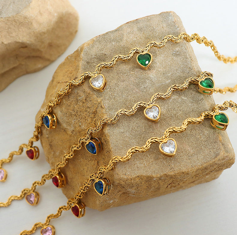 18K gold trendy personalized wave chain with heart-shaped inlaid colorful zircon design versatile necklace