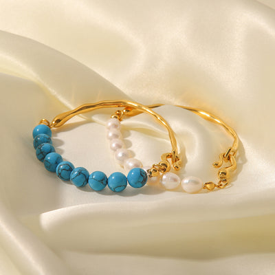 Natural Pearl/Blue Turquoise Light Luxury Vintage 18K Gold Inlaid Bracelet - Syble's
