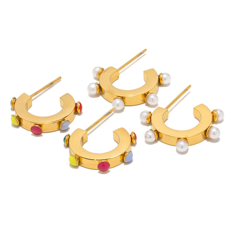 18k Gold Noble Fashion C Shape Inlaid Pearl/Colorful Gemstone Design Versatile Earrings