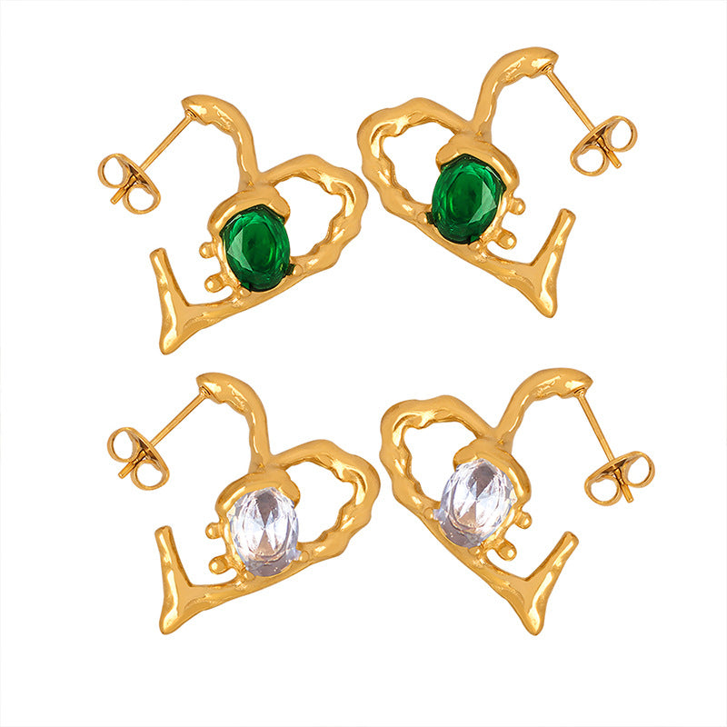 18K Gold Exquisite Dazzling Hollow Heart Inlaid Gemstone Design Versatile Earrings