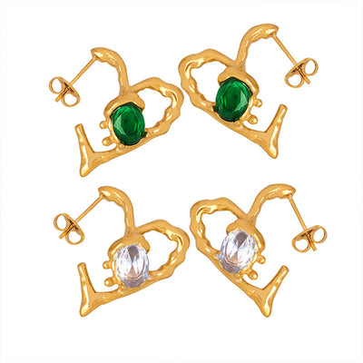 18K Gold Exquisite Dazzling Hollow Heart Inlaid Gemstone Design Versatile Earrings - Syble's