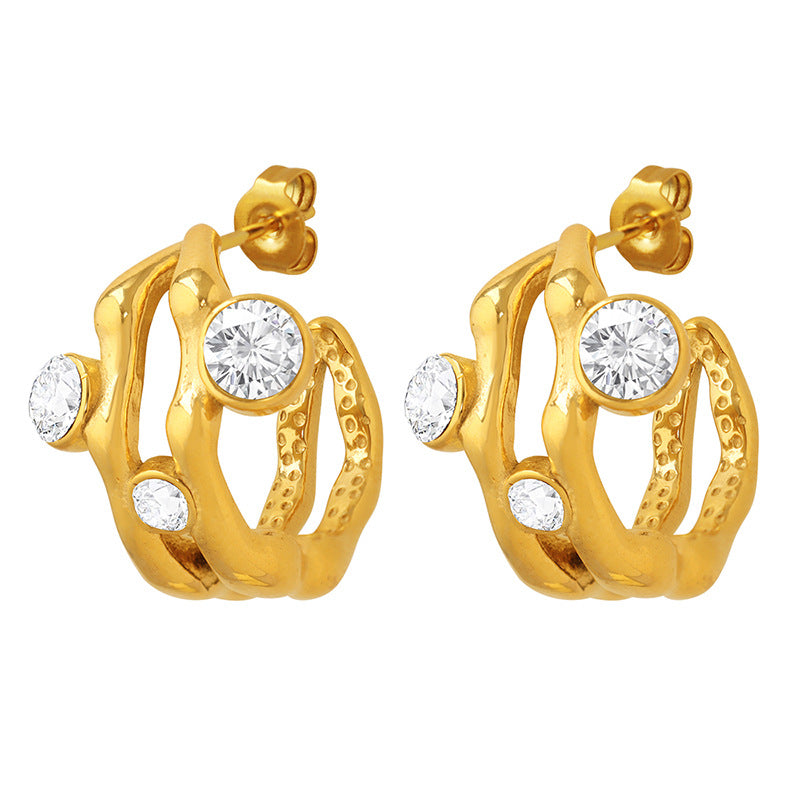 18K gold light luxury fashion C-shaped hollow inlaid zircon design simple wind earrings - Syble's