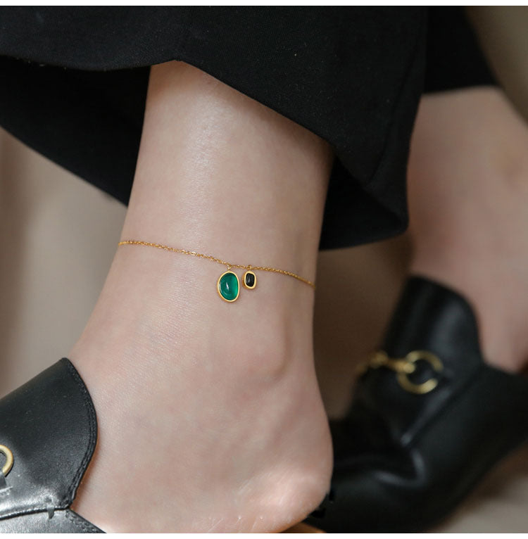 18K Gold Fashion Simple Inlaid Natural Green Black Agate Stone Design Anklet - Syble's
