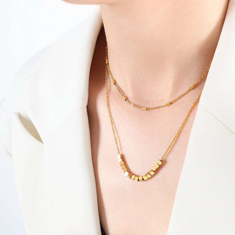 18K gold fashionable light luxury double-layered geometric square design necklace