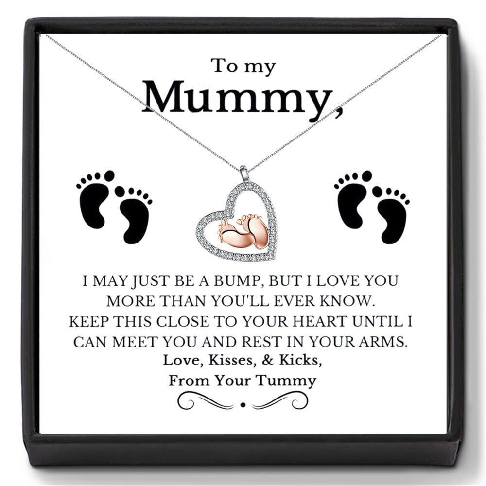 Delicate Cutout Heart Diamond and Little Feet Gift Box Pendant Necklace for an Amazing Mom