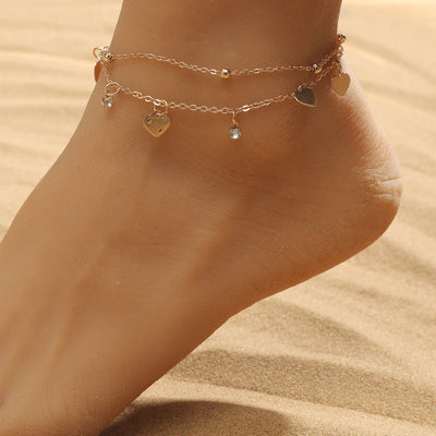 Retro simple double-layer heart design beach style all-match anklet - Syble's