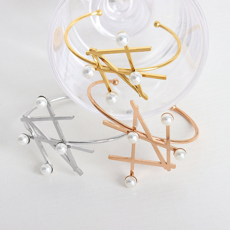 Gold GeometricShape With Pearls  Ring Bracelet Set - Syble's