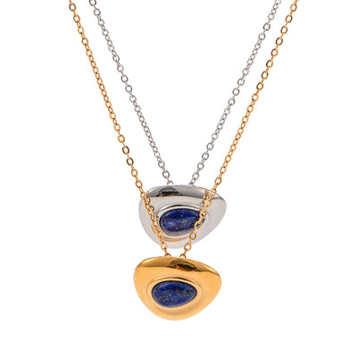 18K Gold Retro Fashion Inlaid Lapis Lazuli with Pearl Design Light Luxury Style Necklace and Earrings Set - Syble's