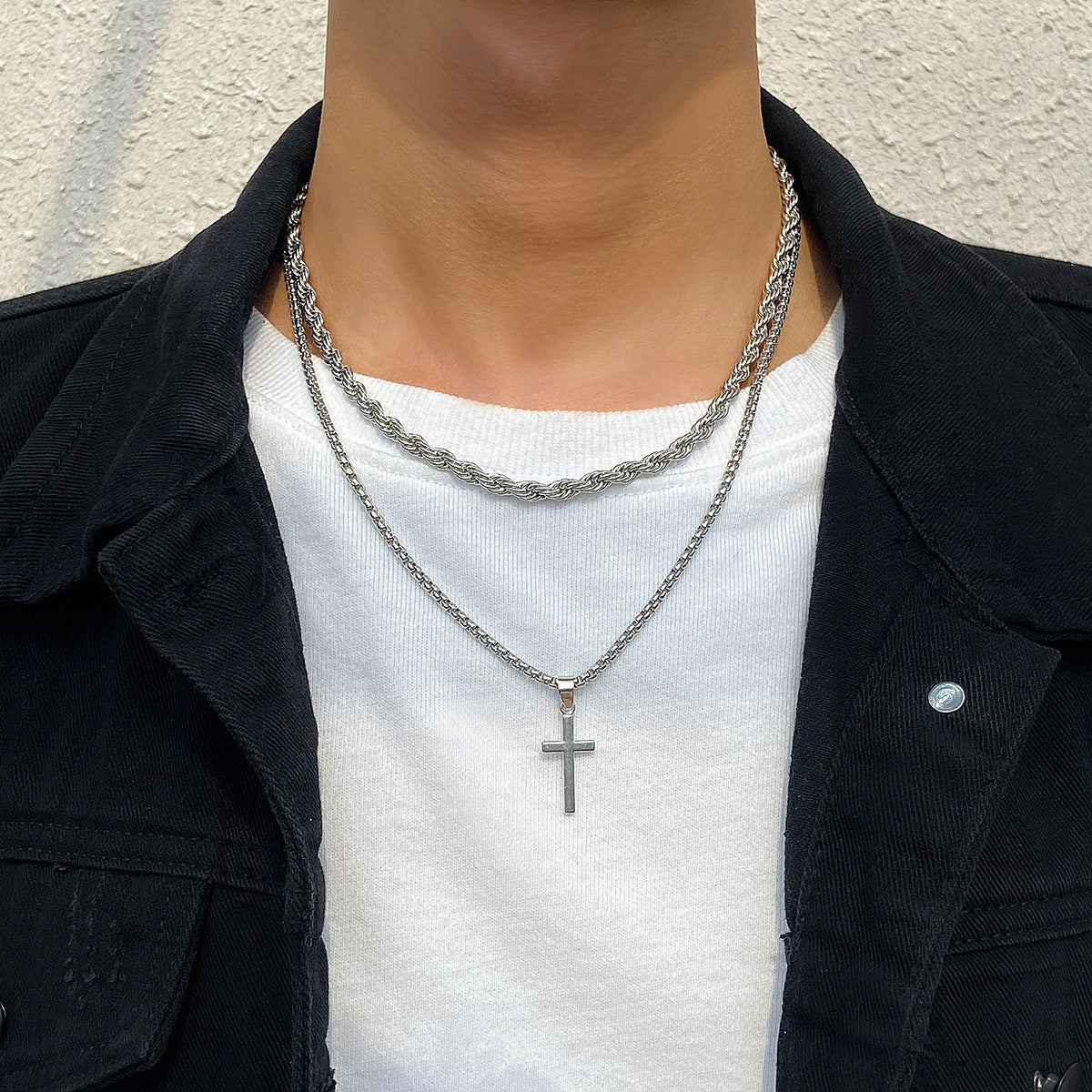 Simple fashion double stacked cross design pendant necklace - Syble's