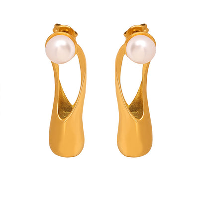18K gold fashion trend irregular shape with pearl design light luxury style earrings - Syble's