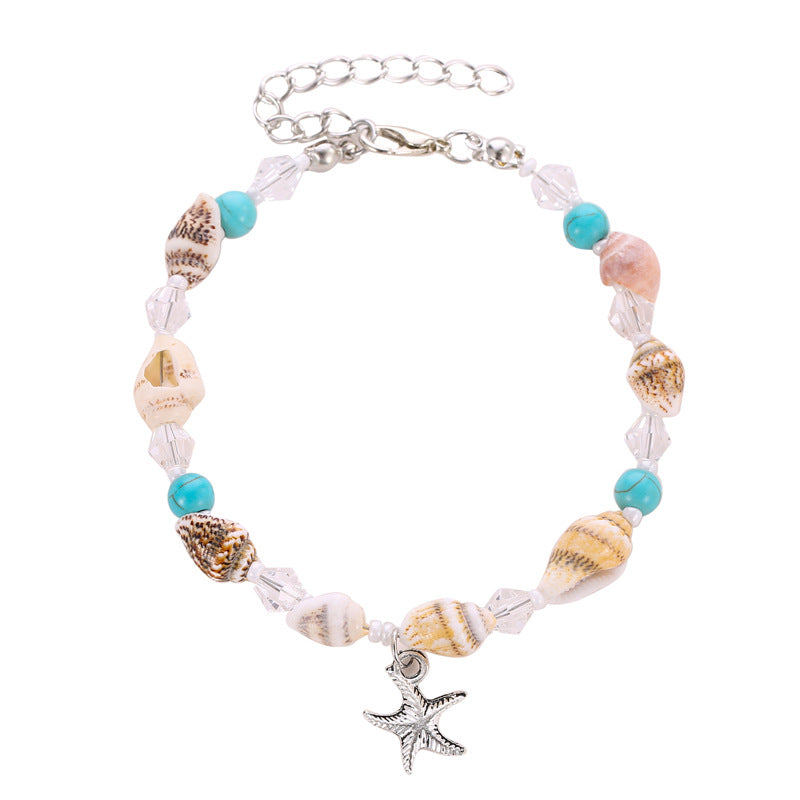 Trendy boho style starfish with natural stone conch shell beaded design marine wind anklet - Syble's