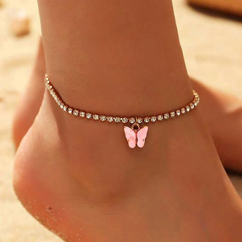 Exquisite fashion diamond with butterfly pendant beach style all-match anklet