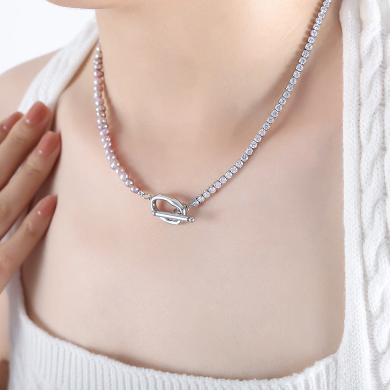Exquisite and fashionable irregular pearl splicing zircon design versatile necklace