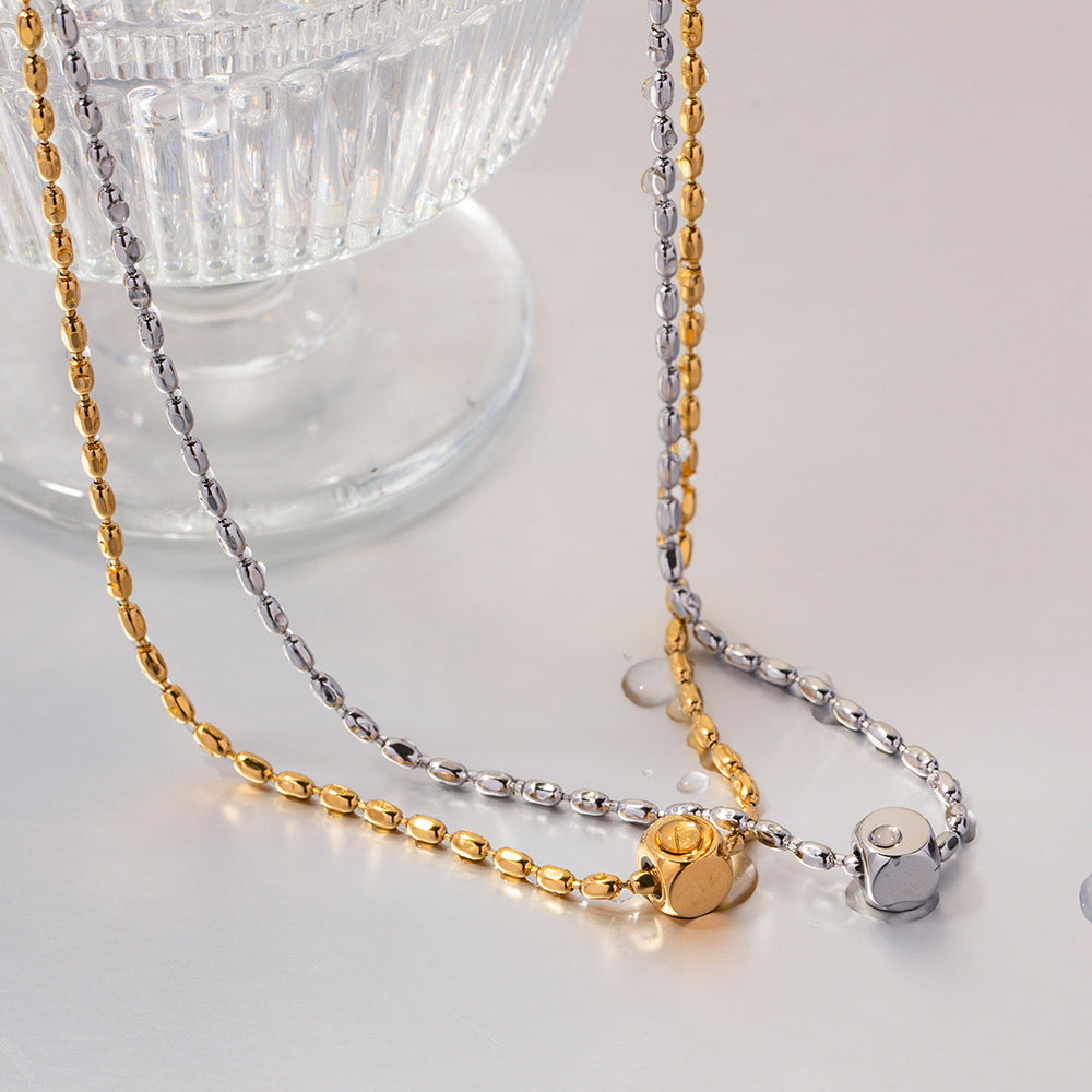 18K Gold Minimalist Fashion Bead Chain with Square Design Versatile Pendant Necklace