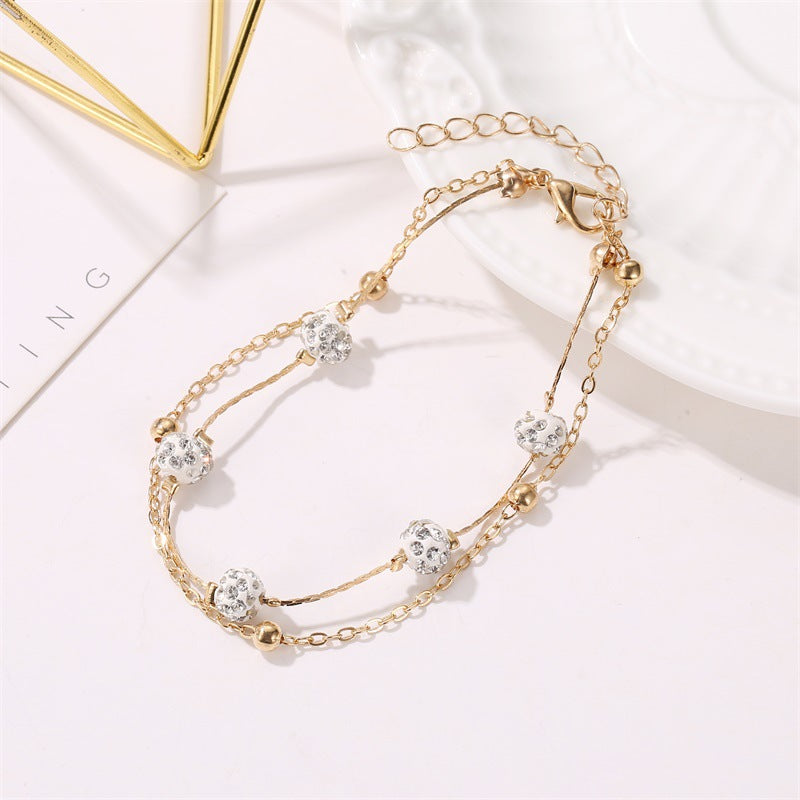 Exquisite and simple double layer with Shambhala diamond ball design versatile anklet