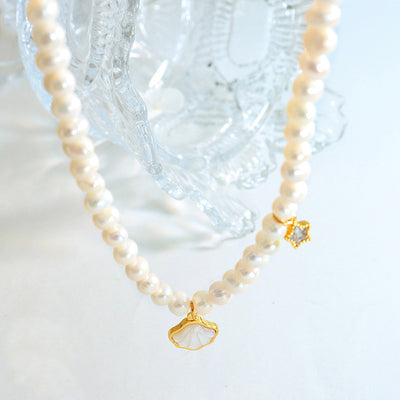18K gold fashionable simple pearl with shell and star inlaid zircon design versatile necklace - Syble's