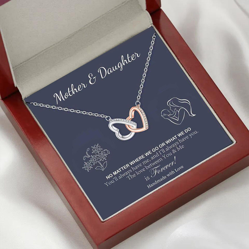 Two-Tone Diamond Paved Heart-to-Heart Double Links Gift Box Necklace for Mom or Daughter