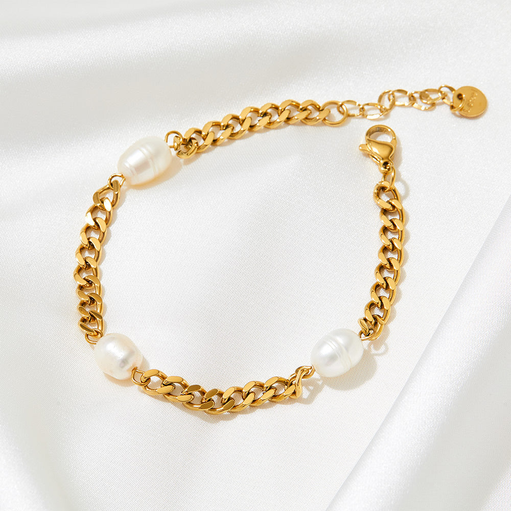 18k gold noble simple pearls and Cuban chain design bracelet - Syble's