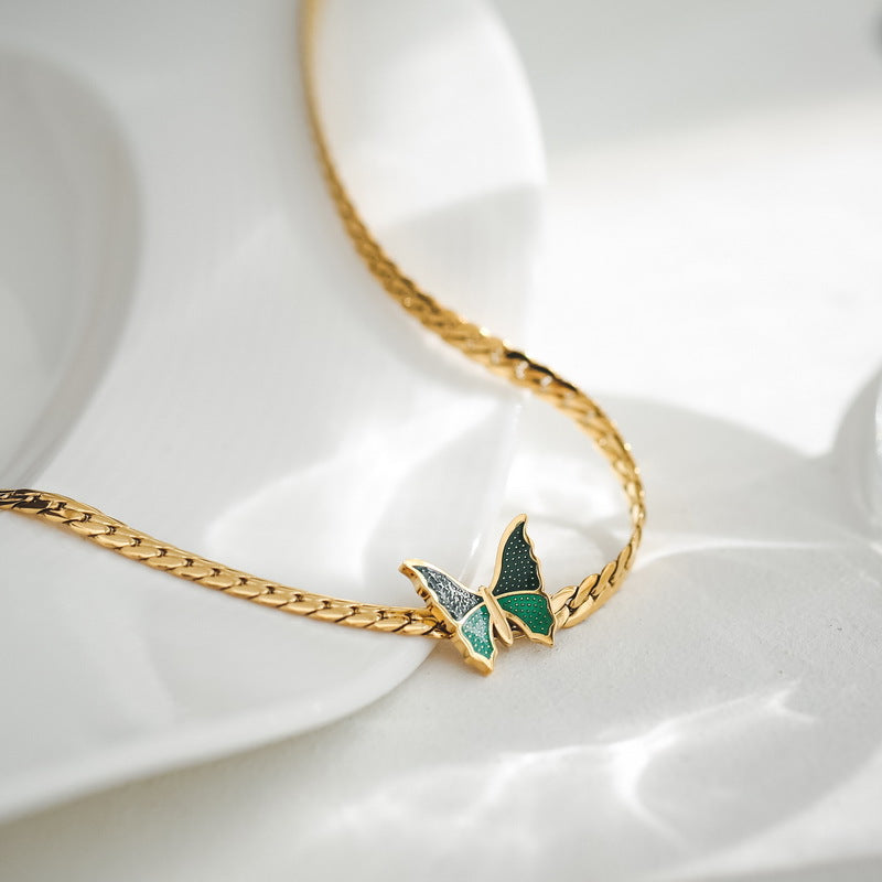 18K Gold Exquisite Light Luxury Green Butterfly Design Versatile Anklet
