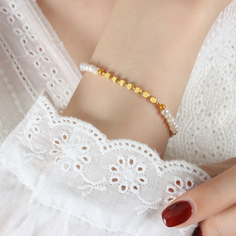 18K gold noble light luxury pearl stitching flat bead design bracelet - Syble's