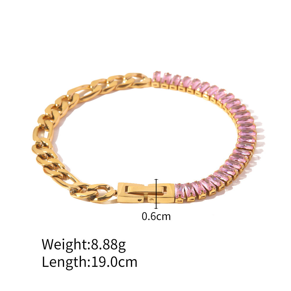 18K Gold Plated Inlaid Pink Zircon Figaro Bracelet - Syble's