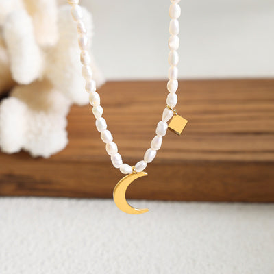 gold classic vintage pearl with square and moon design versatile necklace - Syble's