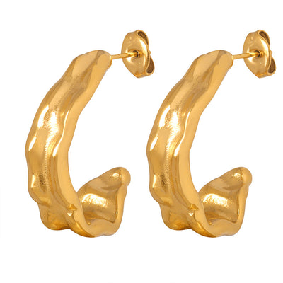 18K Gold Retro Simple Hollow C-shaped Embossed Design Versatile Earrings - Syble's