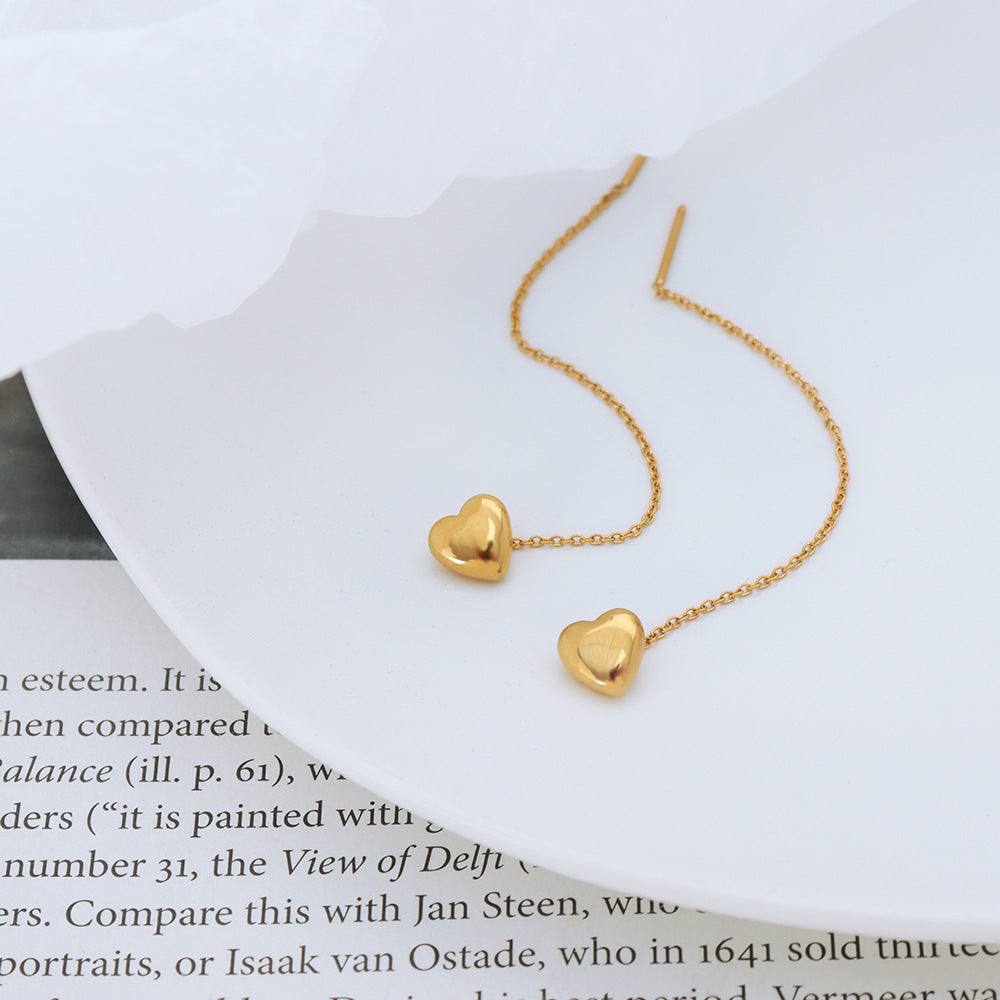 18K Gold Exquisite Noble Heart Shape Earrings with Tassel Design Simple Wind