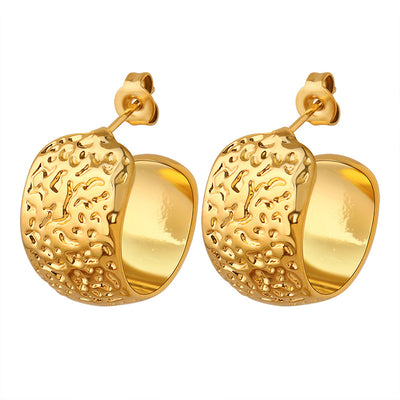 18K gold fashion and simple C shape with texture embossed design versatile earrings - Syble's