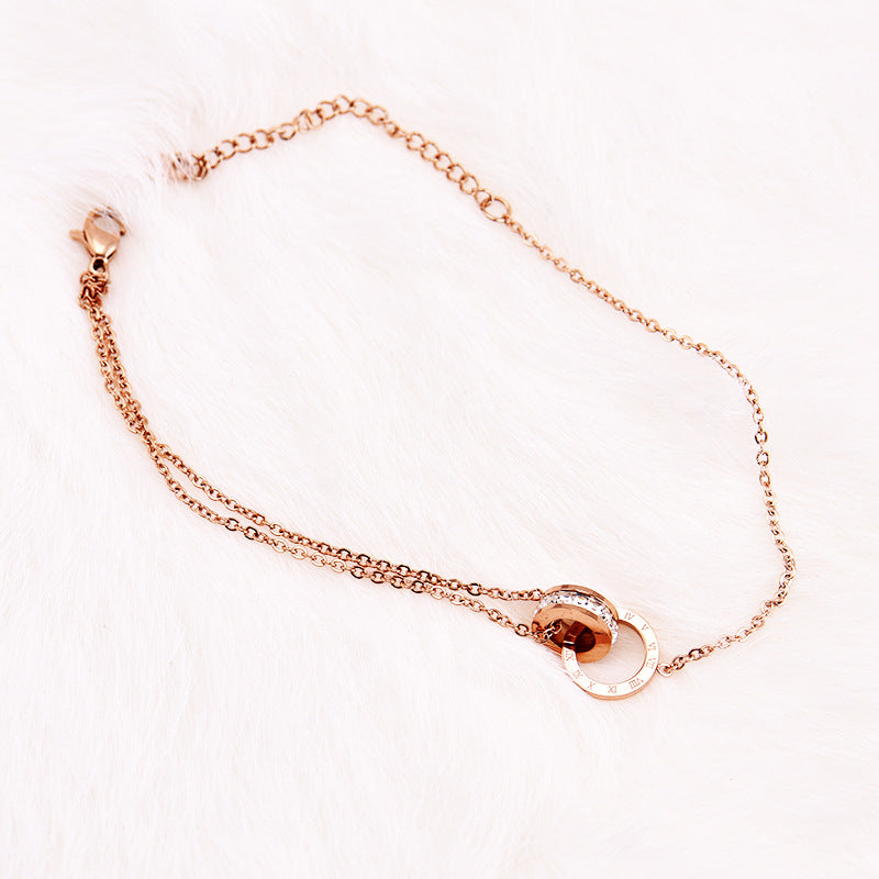 Exquisite and luxurious rose gold double-ring Roman numerals inlaid with white diamond design titanium steel anklet