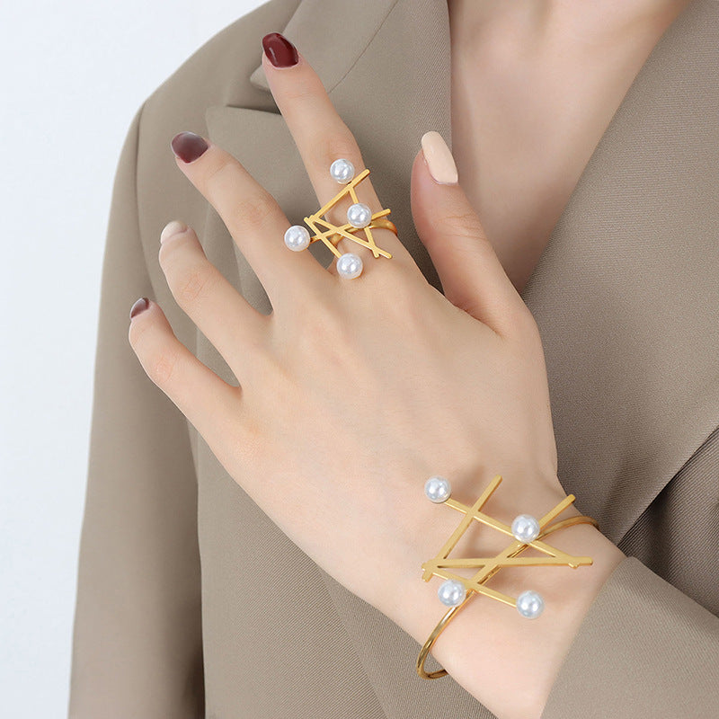 18k gold exaggerated geometric shape inlaid with pearls design simple style ring bracelet set