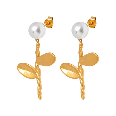 18K gold retro fashion flower with pearl design light luxury style earrings - Syble's