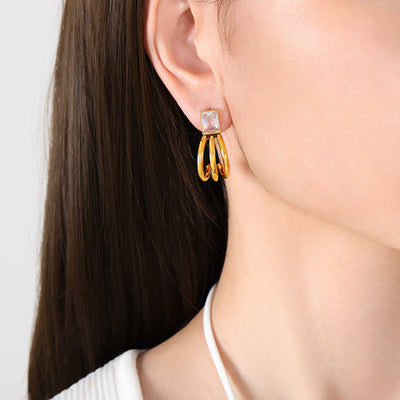 18K Gold Exquisite and Noble Inlaid Square Gem C-shaped Design Simple Wind Earrings - Syble's