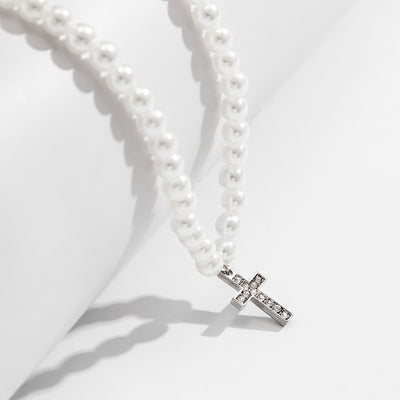 Fashionable simple hip-hop style diamond cross with pearl pendant necklace - Syble's