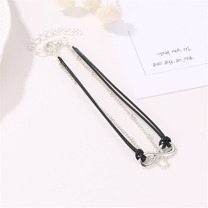 Retro Simple Bo Miya Wind Double -layer Design Black Rope with Lucky Digital 8 Extraordinary Foot Chain
