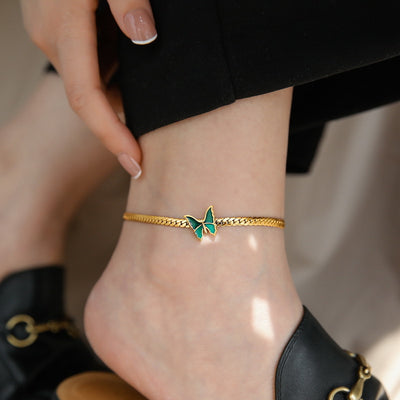 18K Gold Exquisite Light Luxury Green Butterfly Design Versatile Anklet - Syble's
