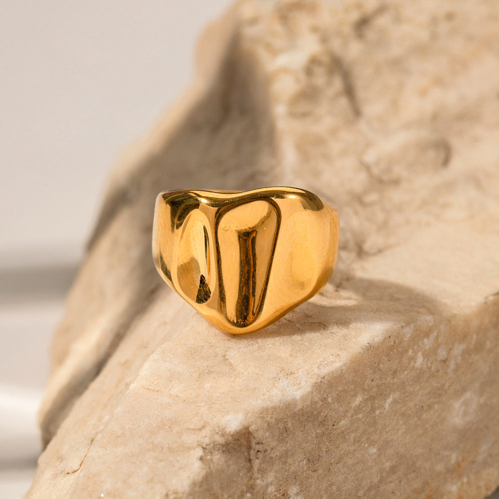 18K gold trendy simple wide hammer pattern design ring - Syble's