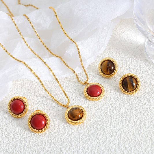 18K gold retro fashionable inlaid tiger eye stone and red turquoise design necklace and earrings set