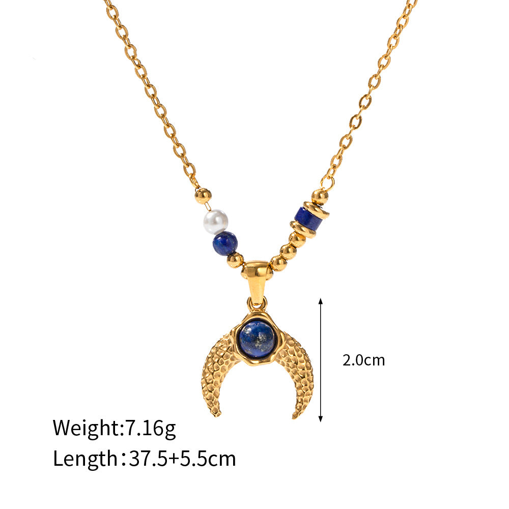 18K Gold Exquisite Simple Inlaid Pearl Lapis Lazuli Horn Design Pendant Necklace