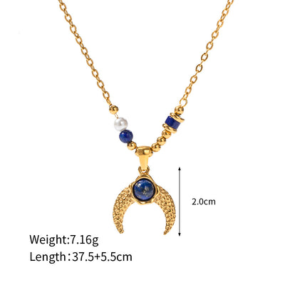 18K Gold Exquisite Simple Inlaid Pearl Lapis Lazuli Horn Design Pendant Necklace - Syble's