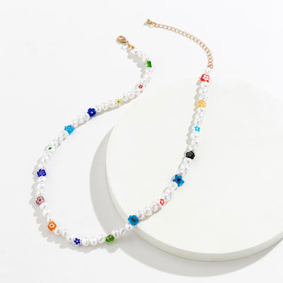 Classic simple pearl with flower bead design all-match necklace - Syble's