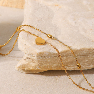 18K Gold Fashionable Exquisite Heart Pendant with Oval Bead Chain Double Layer Versatile Anklet - Syble's