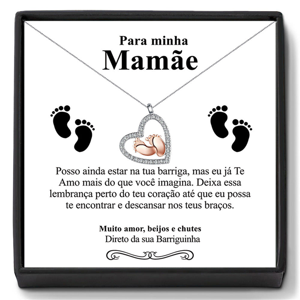 Exquisite hollow heart with small feet Portuguese card gift box pendant necklace for dear mother - Syble's