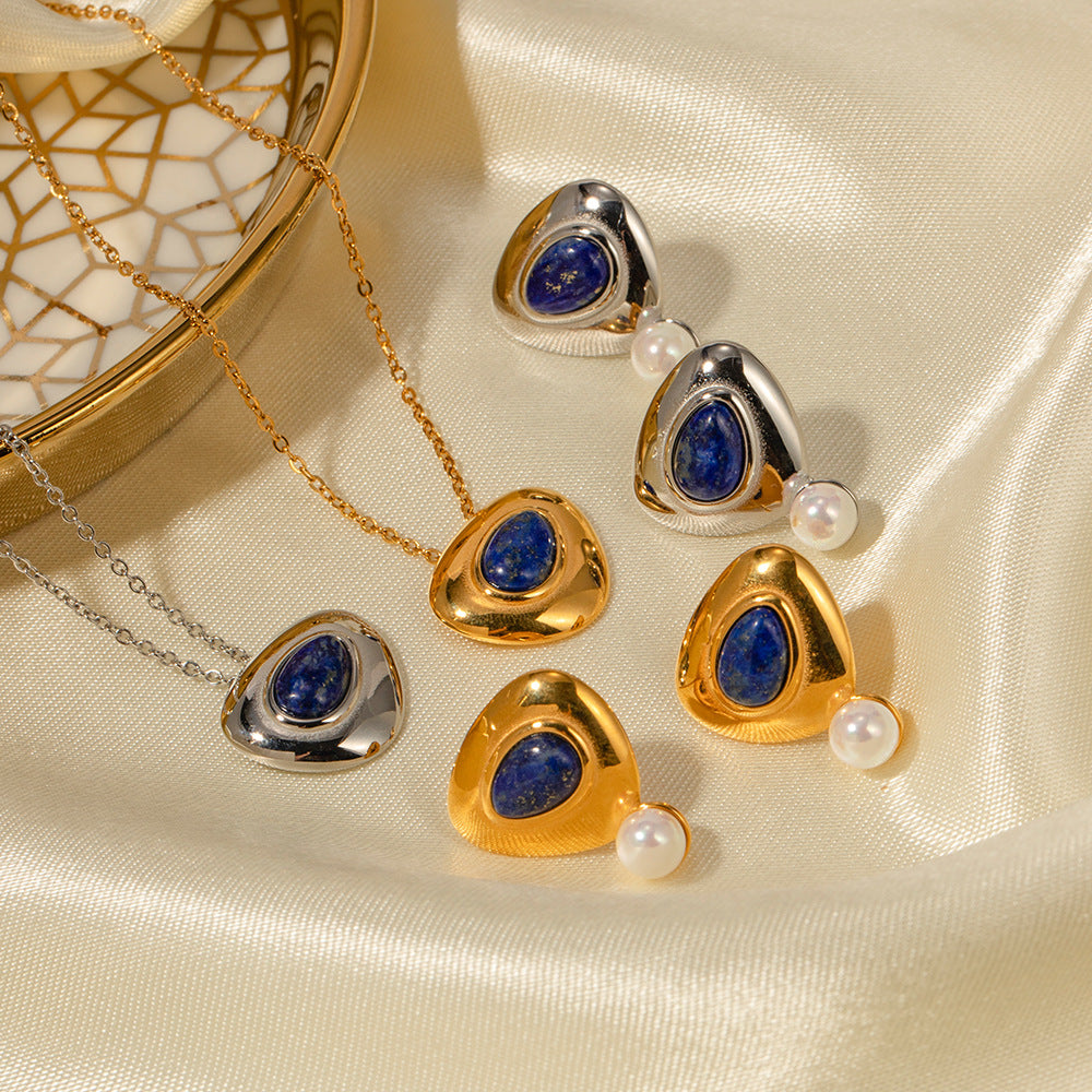 18K Gold Retro Fashion Inlaid Lapis Lazuli with Pearl Design Light Luxury Style Necklace and Earrings Set