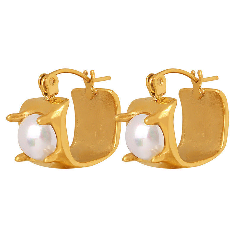 18K Gold Delicate and Fashionable U-Shape Inlaid Pearl Design Versatile Earrings - Syble's